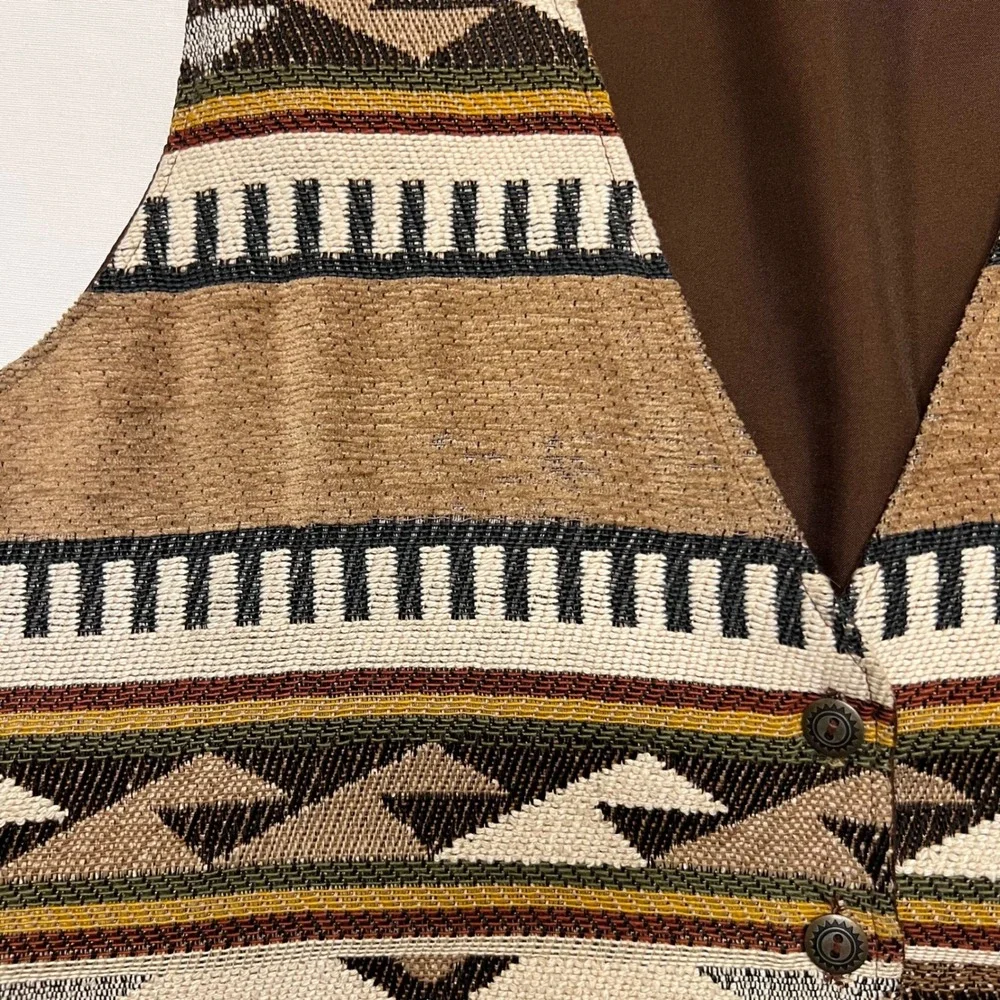 Southwestern Aztec Geometric Pattern Tapestry Vest Brown Button Front Size‎ XL